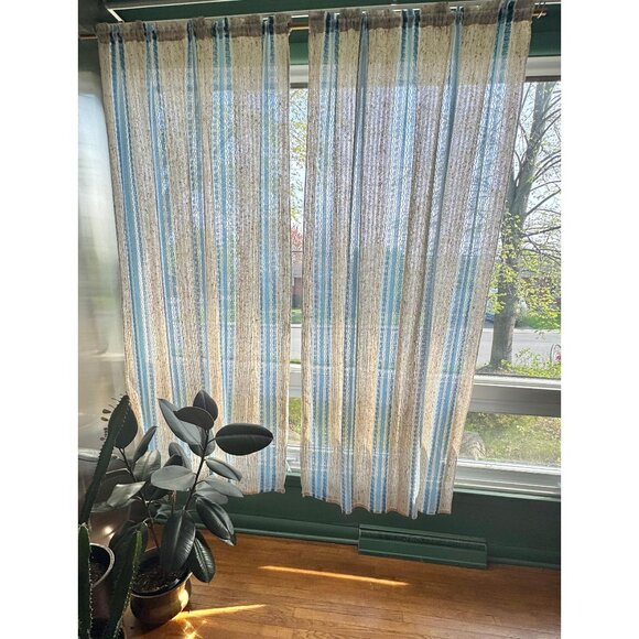 Vintage 70s curtains, oatmeal, white, blue stripes, geometric pattern, as a pair - Picture 1 of 10